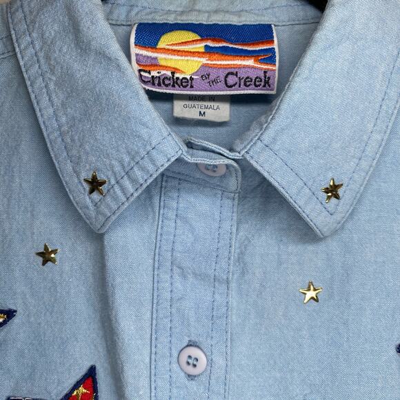 Cricket of the Creek Womens short sleeve denim button up Embroidered Stars VTG M - Picture 4 of 14